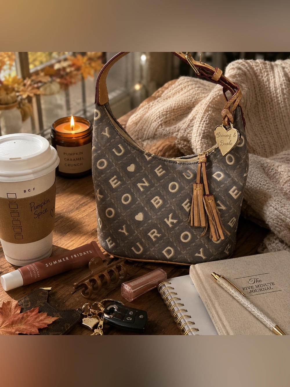Dooney & Bourke Brown Monogram Shoulder Bag with Tassel Charm